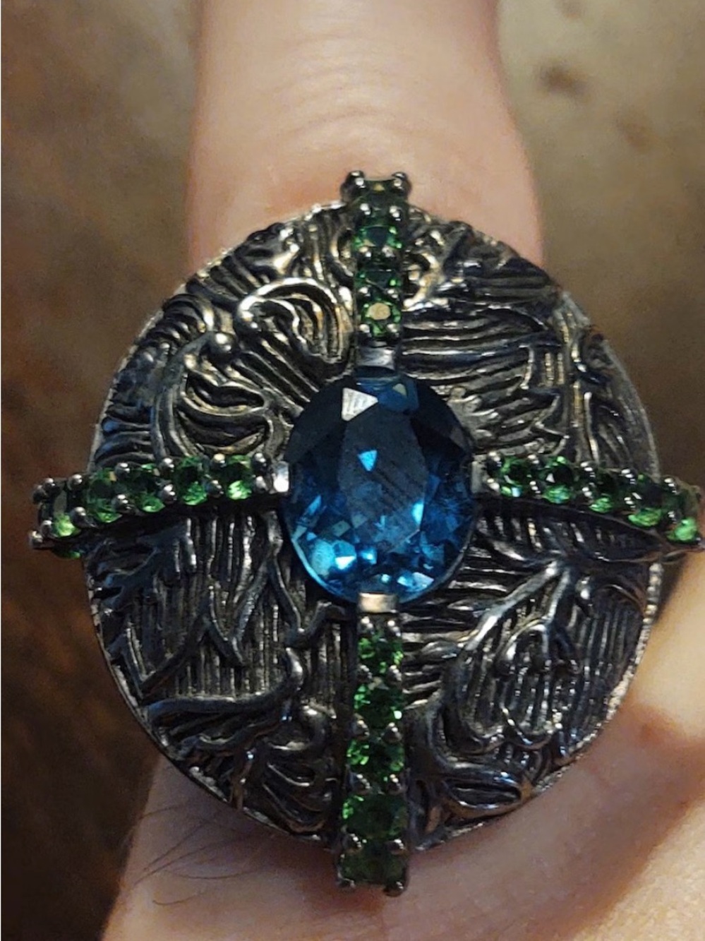 Stephen Dweck Blue Topaz Chrome Diopside Ruthenium Sterling Silver Ring Size 7